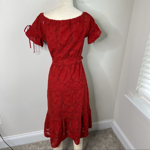 Shoshanna anthropologie eyelet red belted ruffle midi dress size 2 wedding guest - Picture 3 of 14
